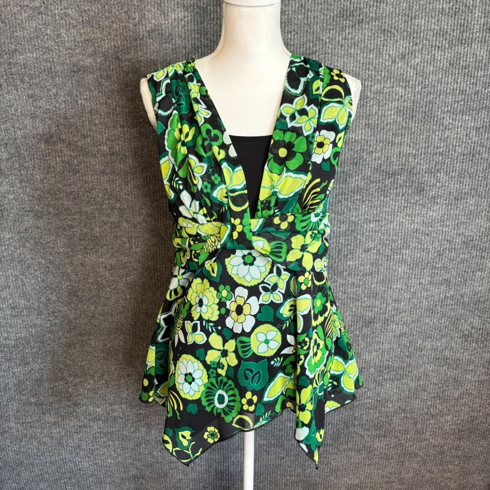 Cato Green Floral Tunic Top Womens M Retro Mod Y2K Empire Waist Layered